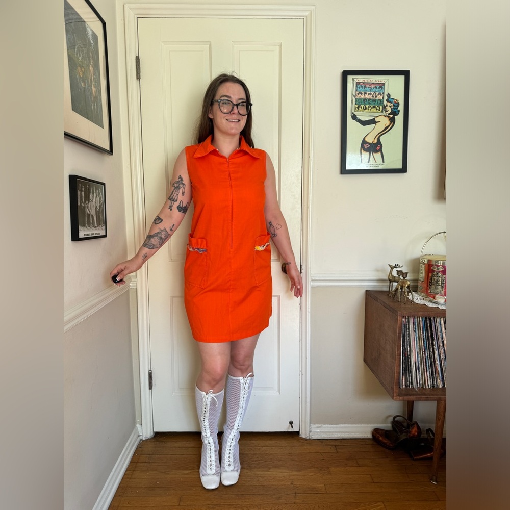 70s Vintage Bright Orange Front Zip House Dress